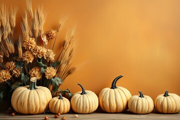 Brown background, space for text, with pumpkins