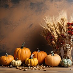 Brown background, space for text, with pumpkins
