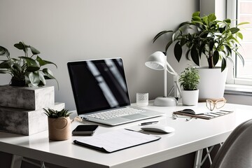 A chic workspace at home or in a studio, complete with a computer desktop, keyboard, cup of coffee, office supplies, houseplant, and clipboard. selective attention. working from home idea