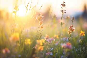 backlit image of wildflowers at sunset with warm light