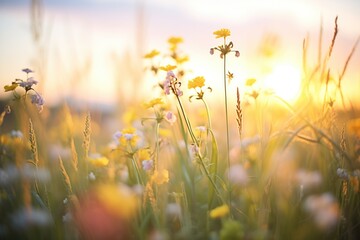 backlit image of wildflowers at sunset with warm light