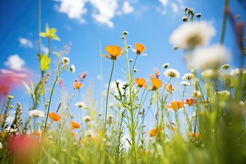 wideangle shot of diverse wildflowers with blue sky - obrazy, fototapety, plakaty
