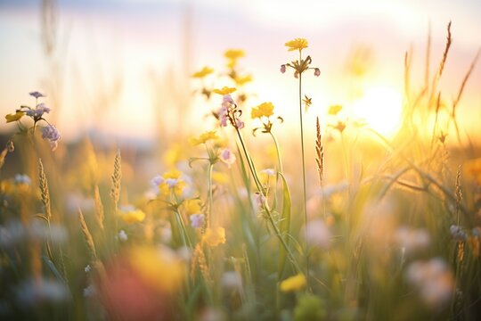 backlit image of wildflowers at sunset with warm light