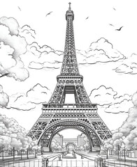 Eiffel Tower Coloring Page, Paris Monument, Ai generative
