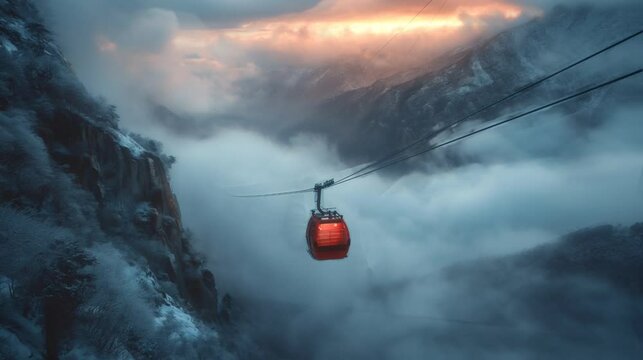 The cable car that was on the way up the mountain, the thick clouds halfway up the mountain, repeat video