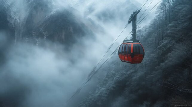 The cable car that was on the way up the mountain, the thick clouds halfway up the mountain, looping video