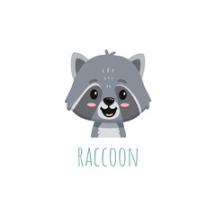 cute cartoon raccoon. Animal in flat style. Raccoon head for cards,magazins,banners. Forest animal. Vector illustration 
