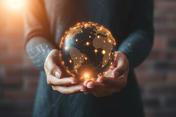 Business woman holding a globe hologram in her hands. Global business concept, international world trade network. - obrazy, fototapety, plakaty