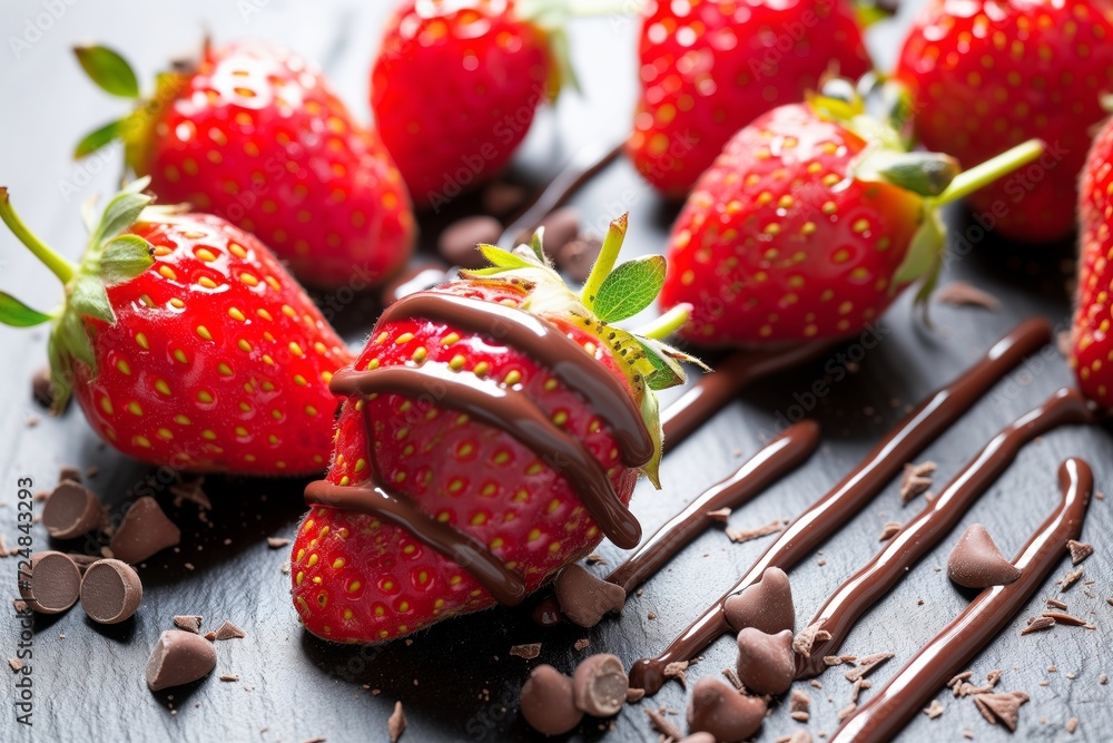 Wall mural chocolate drizzle over fresh strawberries - Wall murals