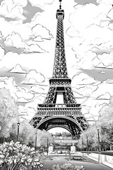 Eiffel Tower Coloring Page, Paris Monument, Ai generative
