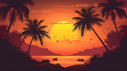 Serene Tropical Beach Sunset: Silhouetted Palm Trees, Birds in Flight, Distant Mountains, and Calm Waters Reflecting Vibrant Sky Colors - Concept of Tranquility, Natural Beauty, and Tropical Paradise