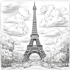 Eiffel Tower Coloring Page, Paris Monument, Ai generative
