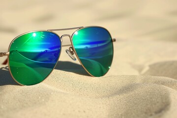 partnership with reflective sunglasses on sand