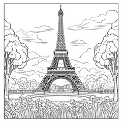 Eiffel Tower Coloring Page, Paris Monument, Ai generative
