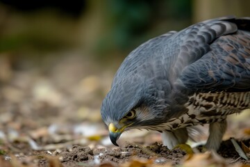 Naklejka premium bird of prey on ground, feathers ruffled, looking down