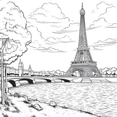 Eiffel Tower Coloring Page, Paris Monument, Ai generative
