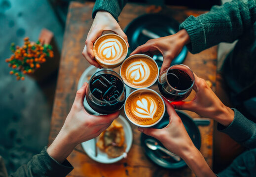 Group of friends toating with coffee cups, wooden table in the background, top view