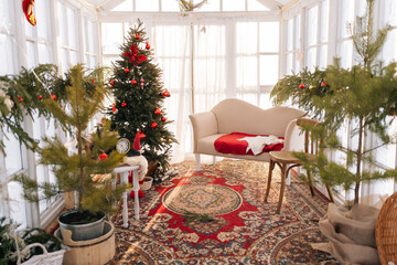 Decorated Christmas tree in summer house by frozen window on sunny day. Xmas tree decorated with...