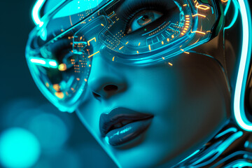 Experience the futuristic allure of a cyberpunk city with an attractive female cyborg, blending modern fashion, neon lights, and advanced technology in a visionary portrait of beauty and innovation.