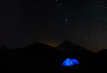 the blue tent under the milky lit sky at night with stars above