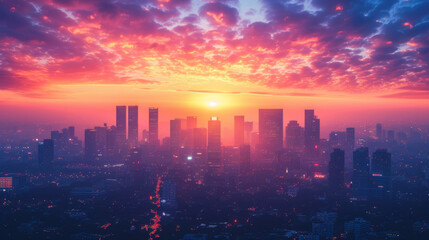 Fototapeta premium Watch the ideal dawn unfold over a city skyline silhouette, with towering skyscrapers in a scenic urban landscape, creating a panoramic cityscape that captures the essence of modern architecture