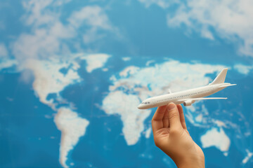 A hand holds a miniature airplane against a blue sky with a graphic world map, conveying the concept of global travel and connectivity.	
