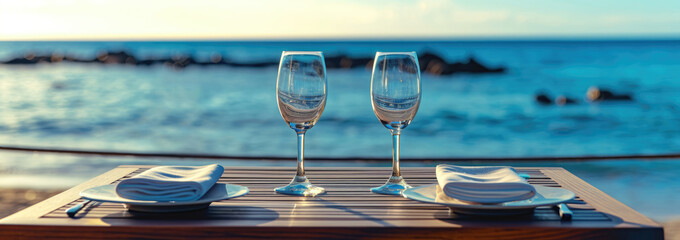A beautifully set table for two with wine glasses overlooks a serene beach, offering a romantic dining experience with a view of the sea.	
