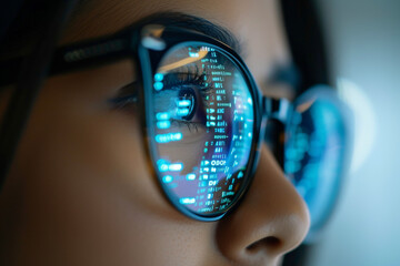 Data analysis with a woman in goggles, delving into complex coding and highlighting the digital framework, algorithm, and insight for innovative automation in a virtual environment.