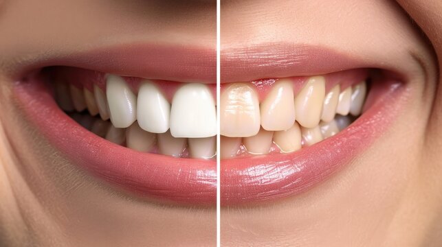 Perfect smile before and after bleaching procedure whitening of zircon arch ceramic prothesis Implants crowns. Dental restoration treatment clinic patient. Result of oral surgery dentistry,