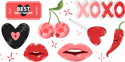 Vector set of 8 illustrations in a flat cartoon style for Valentine's Day. Date ticket, xoxo inscription, lover cherries disco balls, vinyl record, lollipop heart, hot pepper, kisses lips. Red pink.
