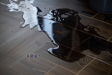 dark water stains spreading on a flooded laminate floor