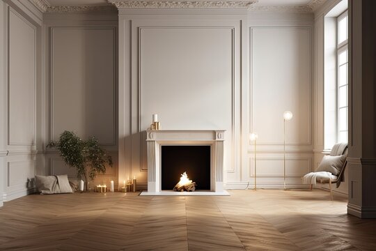 With a fireplace, wall panels, and a wooden floor, the room is contemporary classic beige. mock up of an illustration