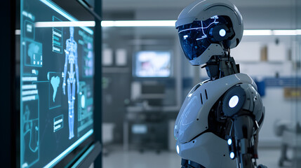 futuristic healthcare concept with diagnostic healthcare robot interacting with holographic display