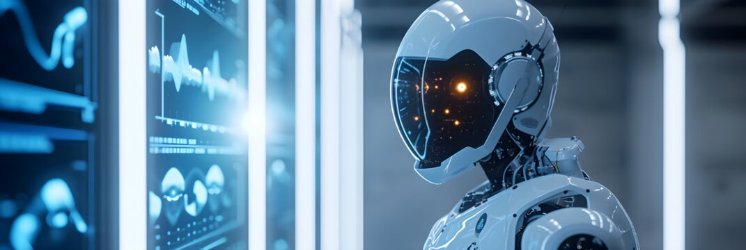 futuristic healthcare concept with diagnostic healthcare robot interacting with holographic display