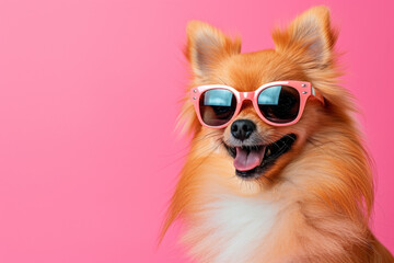 dog wearing sunglasses on pastel background.