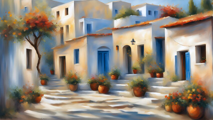 impressionist style painting of a sunlit traditional greek village with ancient white houses in summer sunlight