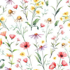 Watercolor, seamless pattern with delicate wildflowers and herbs. Romantic, floral background. Floral wallpapers in retro style with wild plants.