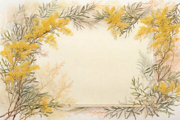 Frame of mimosa flowers and branches in watercolor on a white background. - obrazy, fototapety, plakaty