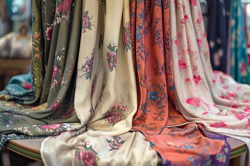 scarves with floral patterns draped over a circular display in a shop