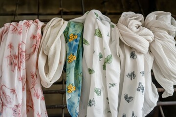 light cotton scarves with spring motifs on a rustic metal rack
