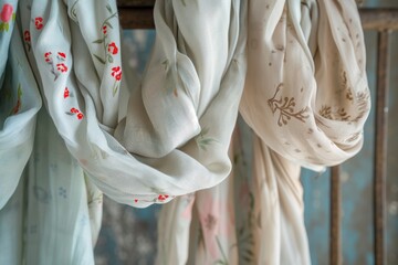 light cotton scarves with spring motifs on a rustic metal rack