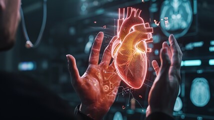 Man using digital x ray of human heart hologram