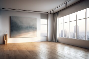 Canvas hanging on the wall of an apartment sans furniture, with a window and wood parquet flooring. planning a design