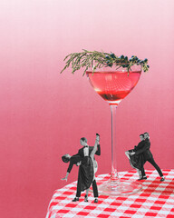 Two passionate couple, men and women inn elegant dresses dancing together against giant sweet and sour cocktail. Contemporary art. Concept of party, alcohol drinks, celebration, retro. Grainy effect