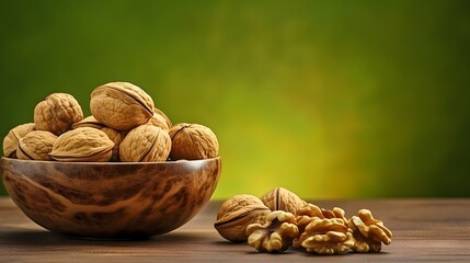 Fresh healthy walnuts in bowl on colored table background. Top view Healthy eating bertholletia...