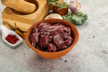 Raw uncooked chicken liver in the bowl