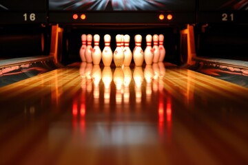 Bowling pins arranged on tracks at illuminated alley 