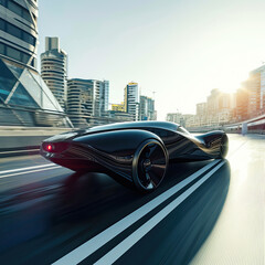 Cinematic, beautiful smooth flowing black hyperbolic paraboloid and futuristic car driving fast on city road, high-speed camera, rendered in 8k, sunny, clear sky
