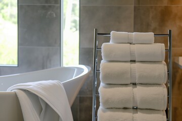 freestanding towel rail with towels by a freestanding tub