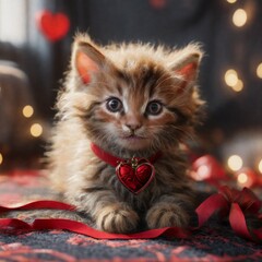 An adorable cute fluffy kitten wearing a collar with a red heart on it 